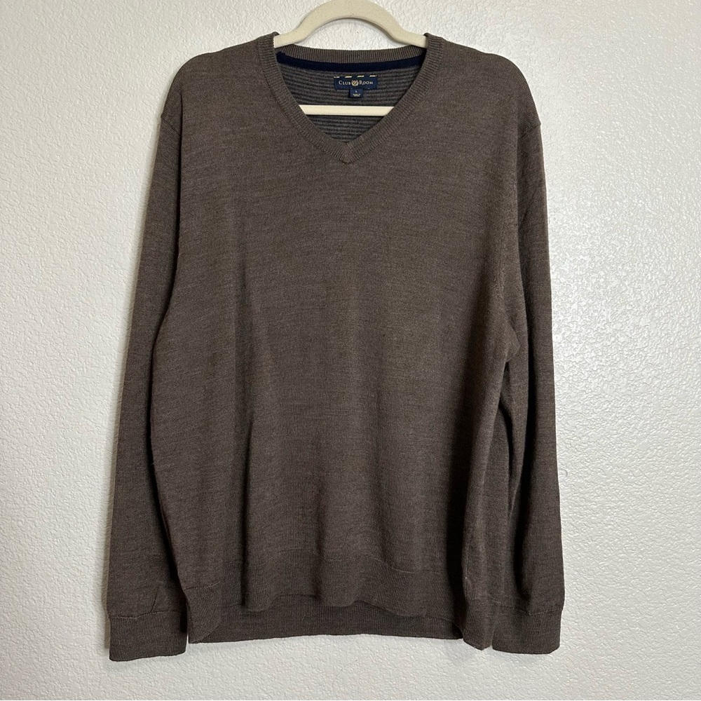 Club Room Merino Wool Blend Brown V-Neck Men's Sweater, Sz Large